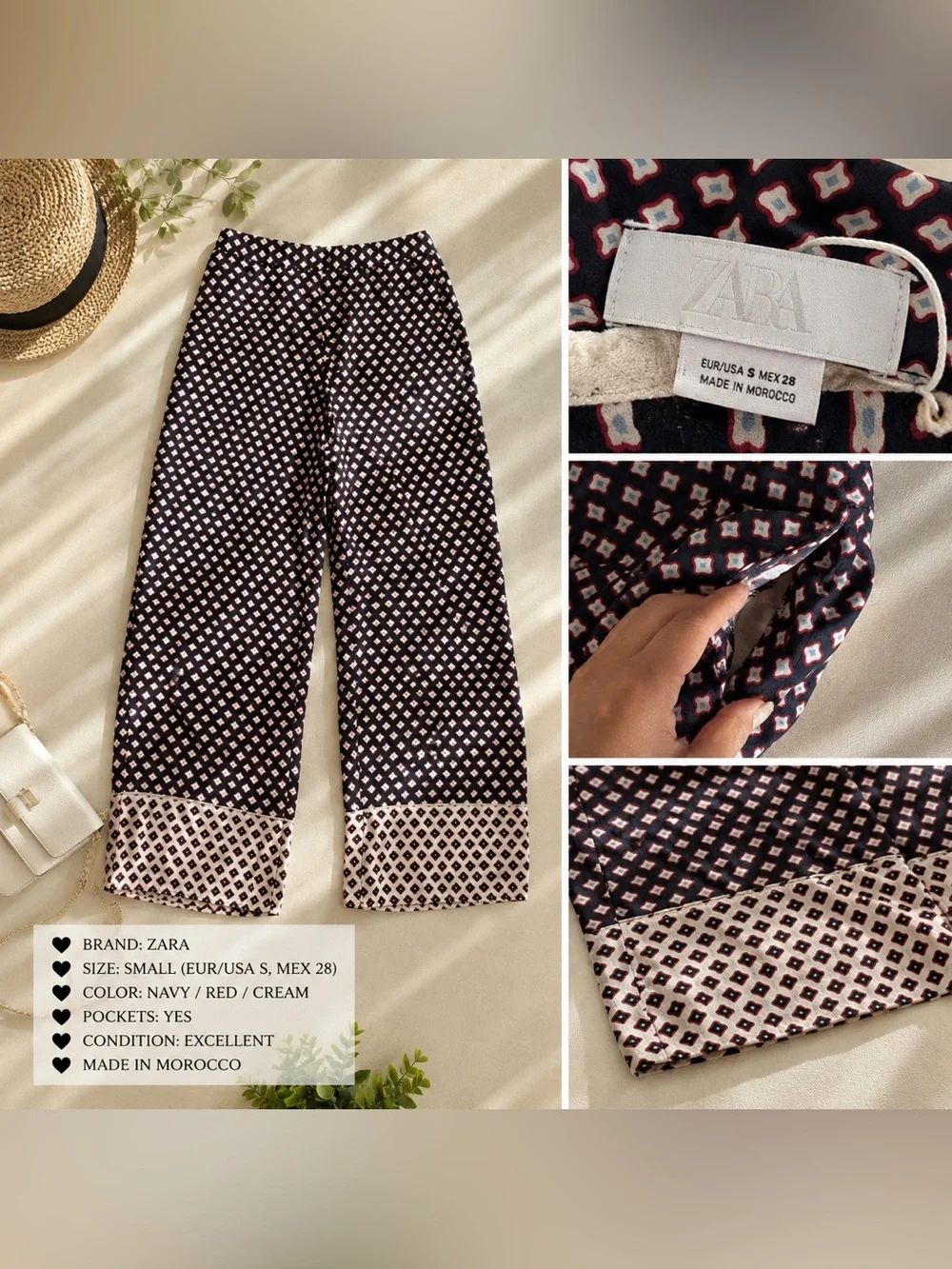 Zara Navy Geo Print Wide Leg Pants Size S Resort Pull On Pants
